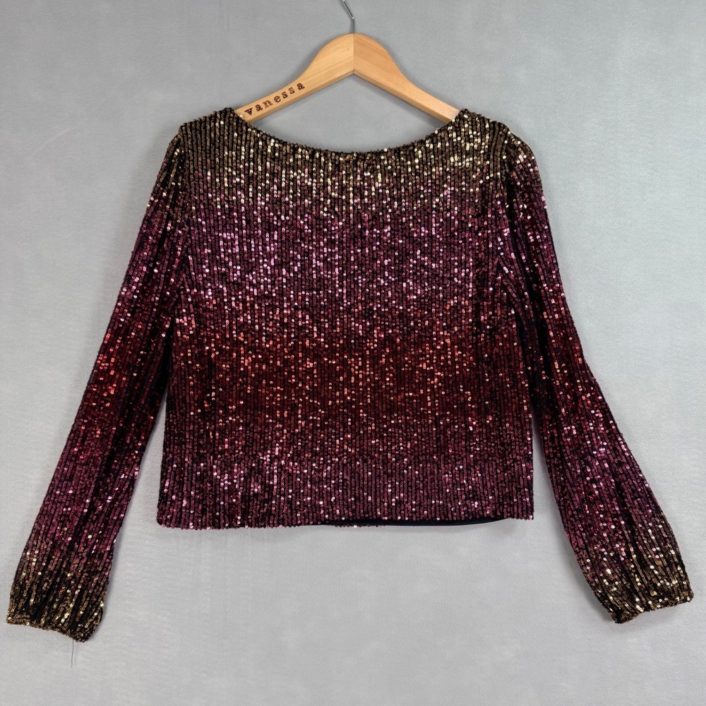 Premier Amour Sequin Top Womens L Burgundy Gold NWOT Ombre Long Sleeve Party - Picture 3 of 10